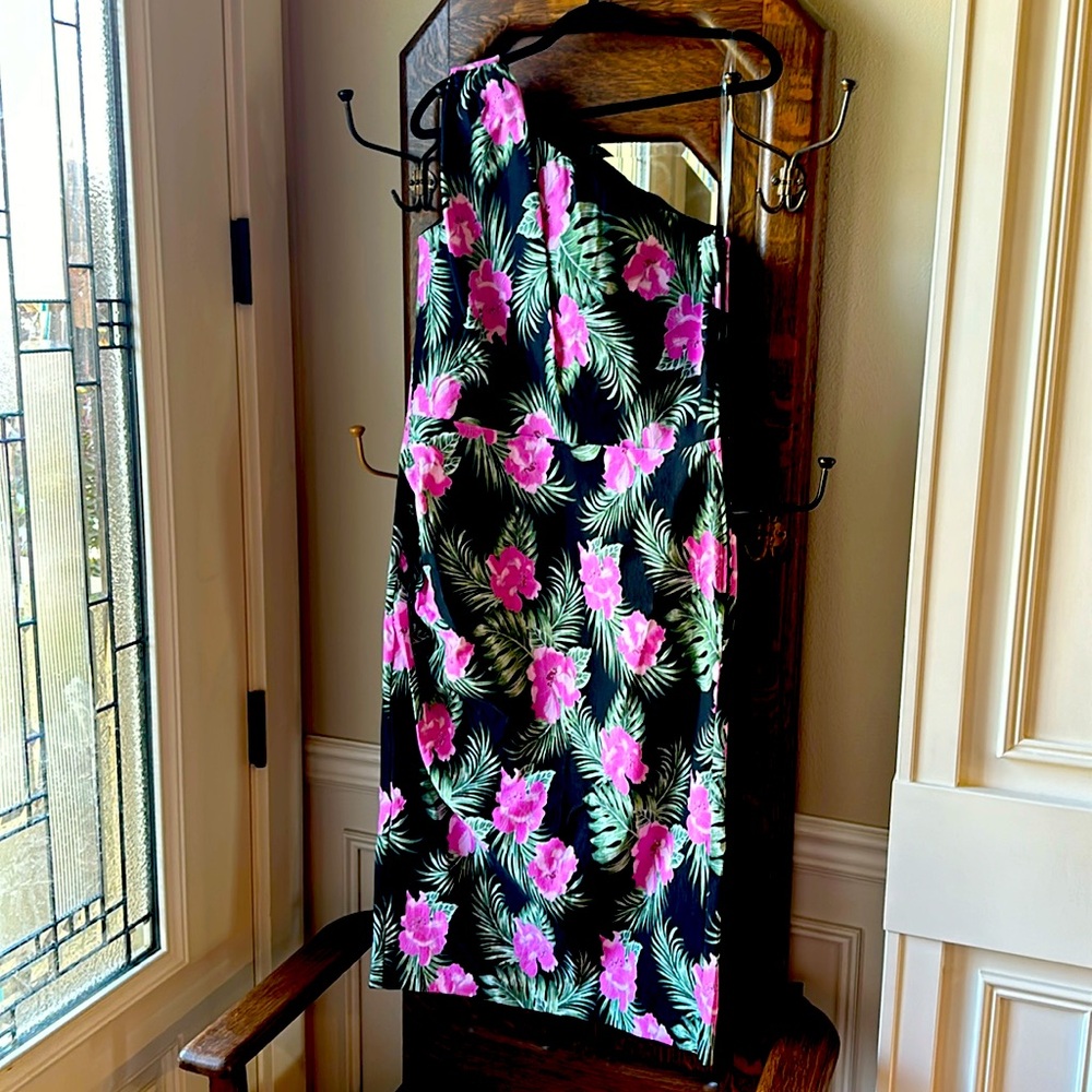 PUG Pinup girl Couture one shoulder dress in Hawaiian Hibiscus pattern.